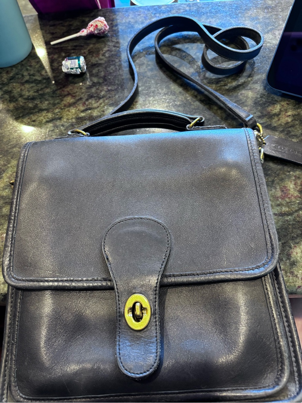 Coach Navy Blue Leather Messenger Crossbody with Turn-Lock